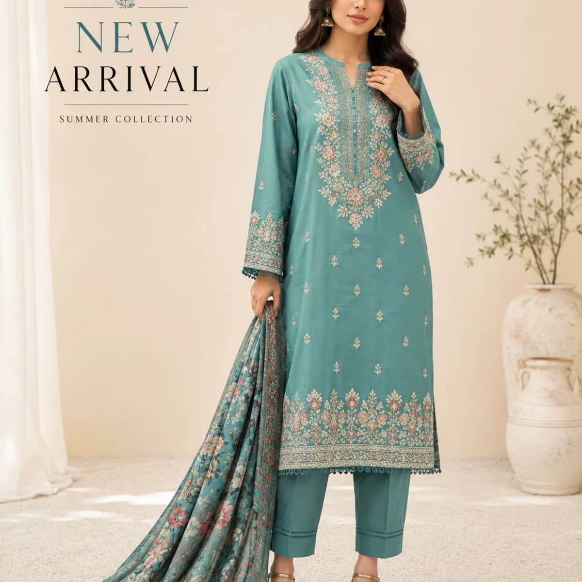 Teal Bloom Embroidered Lawn Suit