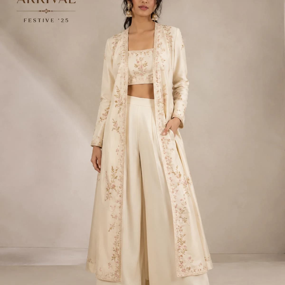 Ivory Bloom Embroidered Jacket Set