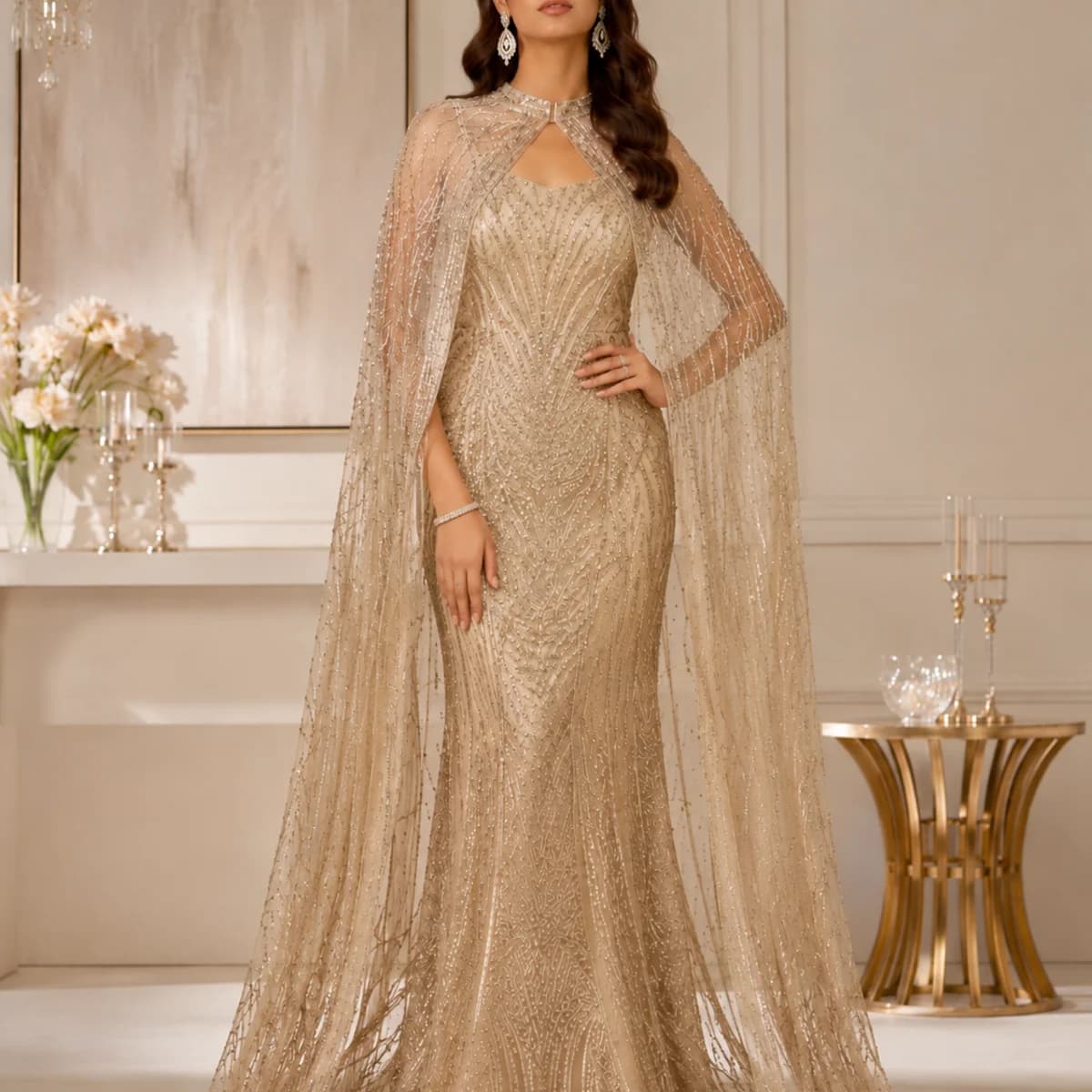 Champagne Celeste Embellished Cape Gown