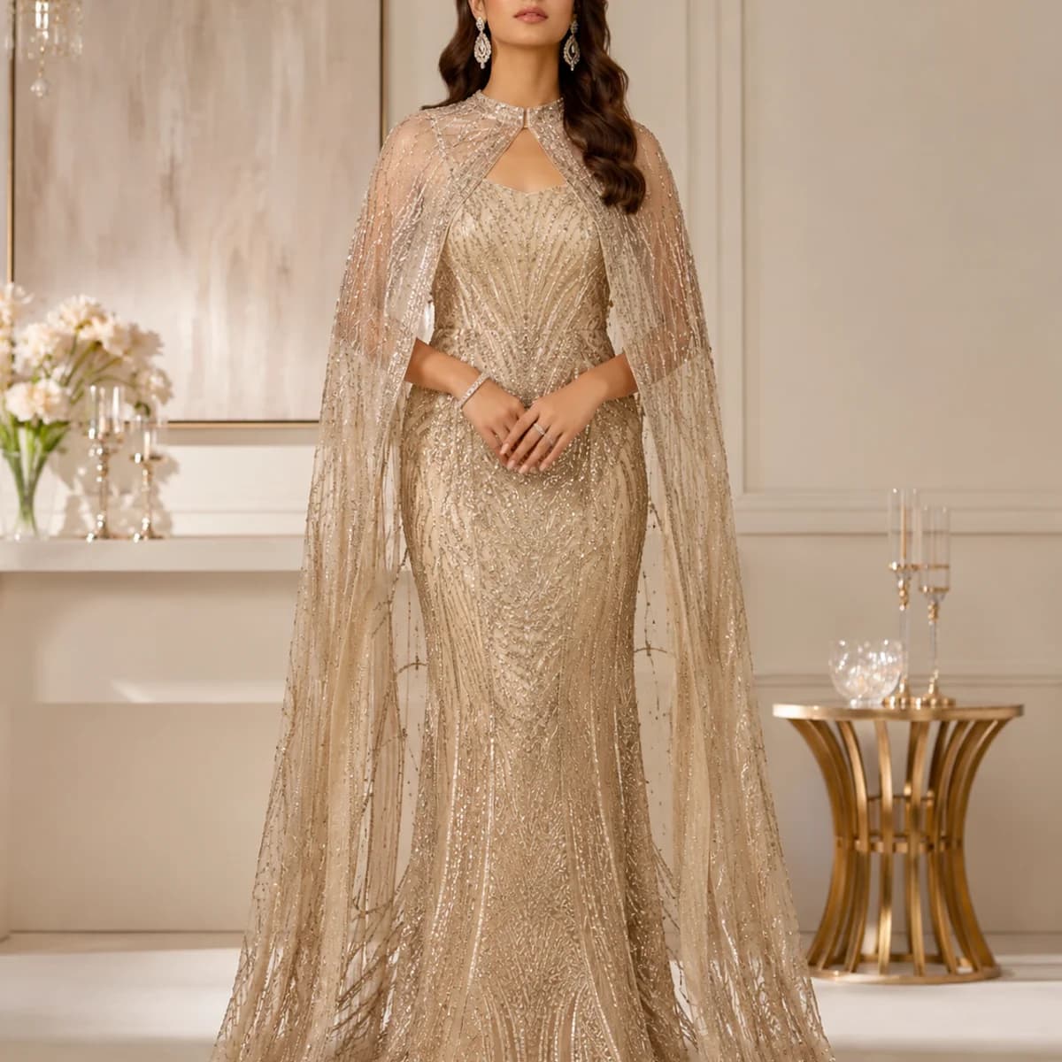 Champagne Celeste Embellished Cape Gown — view 3
