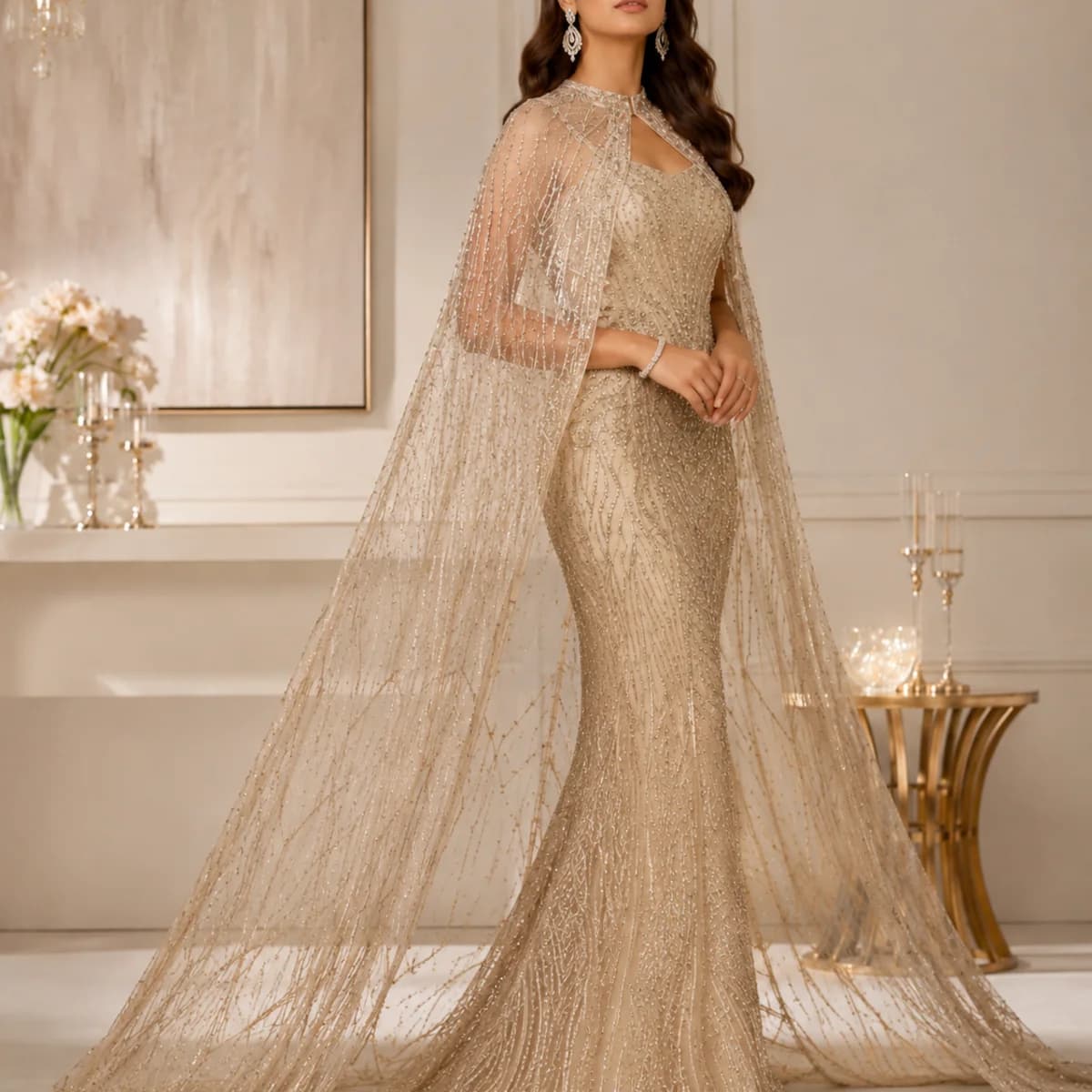 Champagne Celeste Embellished Cape Gown — view 2